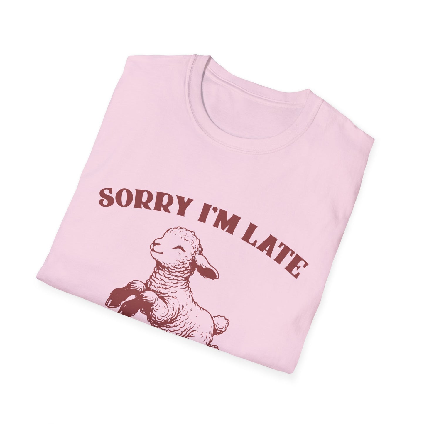 Funny Lamb T-Shirt - 'Sorry I'm Late, I Was Dilly Dallying' - Unisex Softstyle Tee