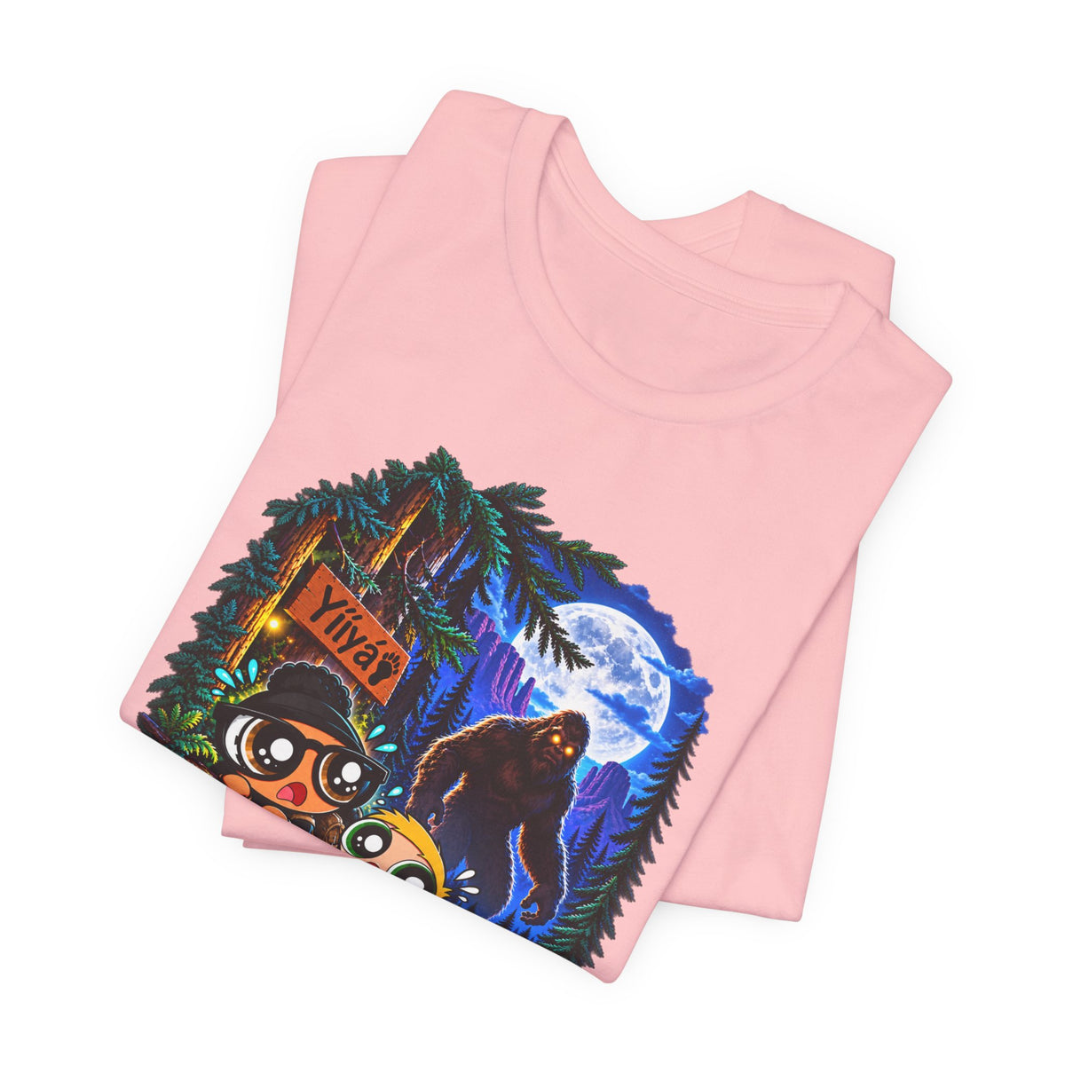 Bigfoot Night Trek T‑Shirt — Cute Campers & Sasquatch Forest Illustration