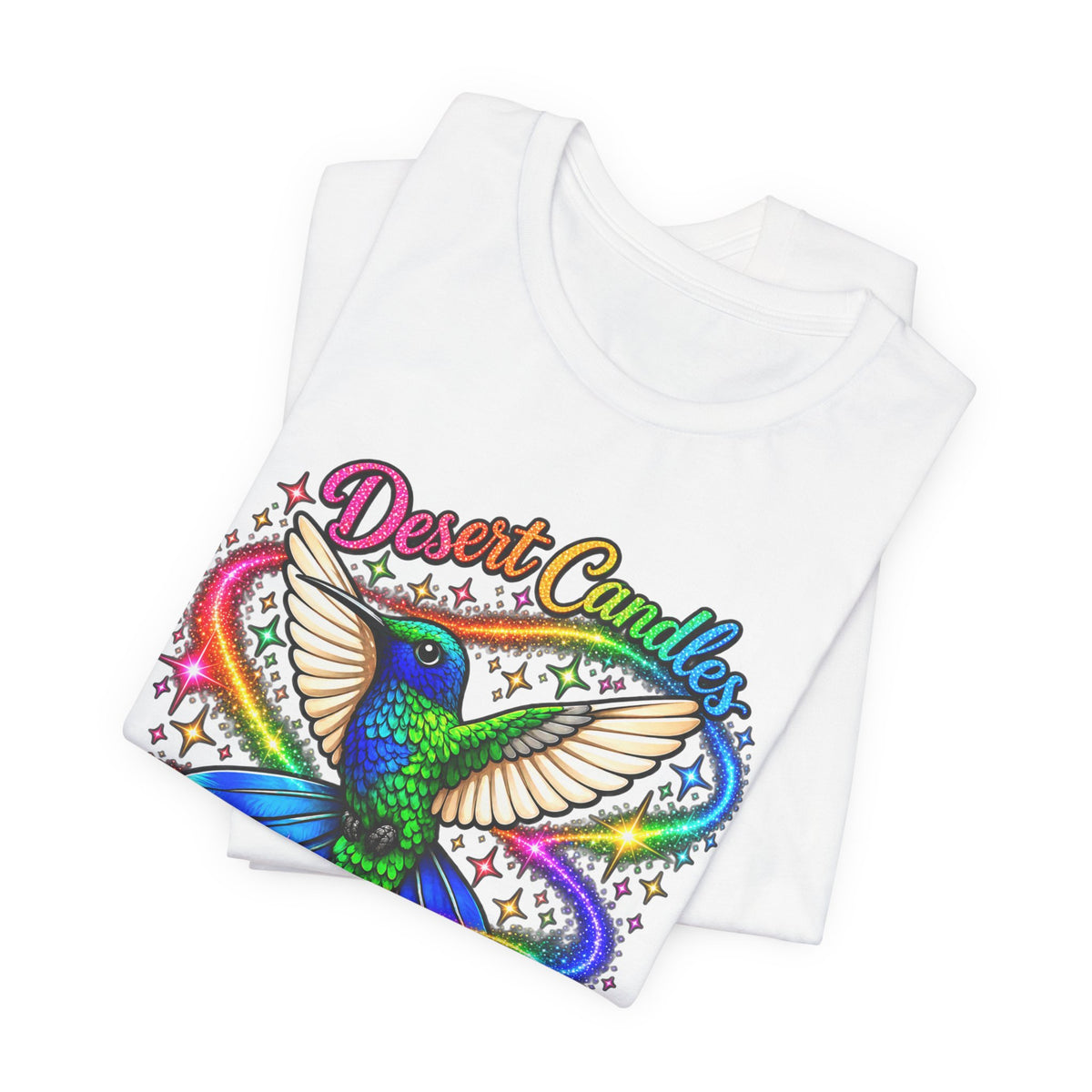 Hummingbird Rainbow Logo Tee — "Desert Candles & Goods" Colorful Graphic T-Shirt