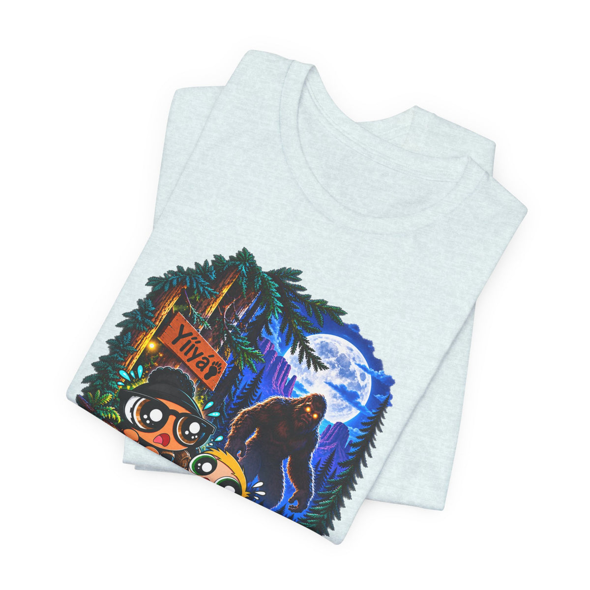 Bigfoot Night Trek T‑Shirt — Cute Campers & Sasquatch Forest Illustration