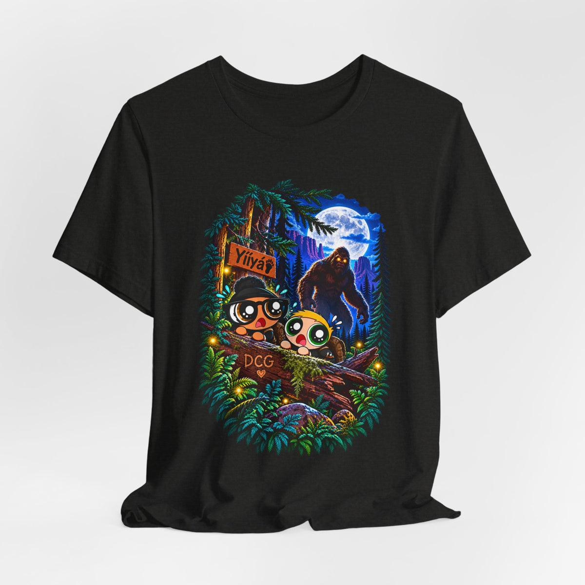 Bigfoot Night Trek T‑Shirt — Cute Campers & Sasquatch Forest Illustration