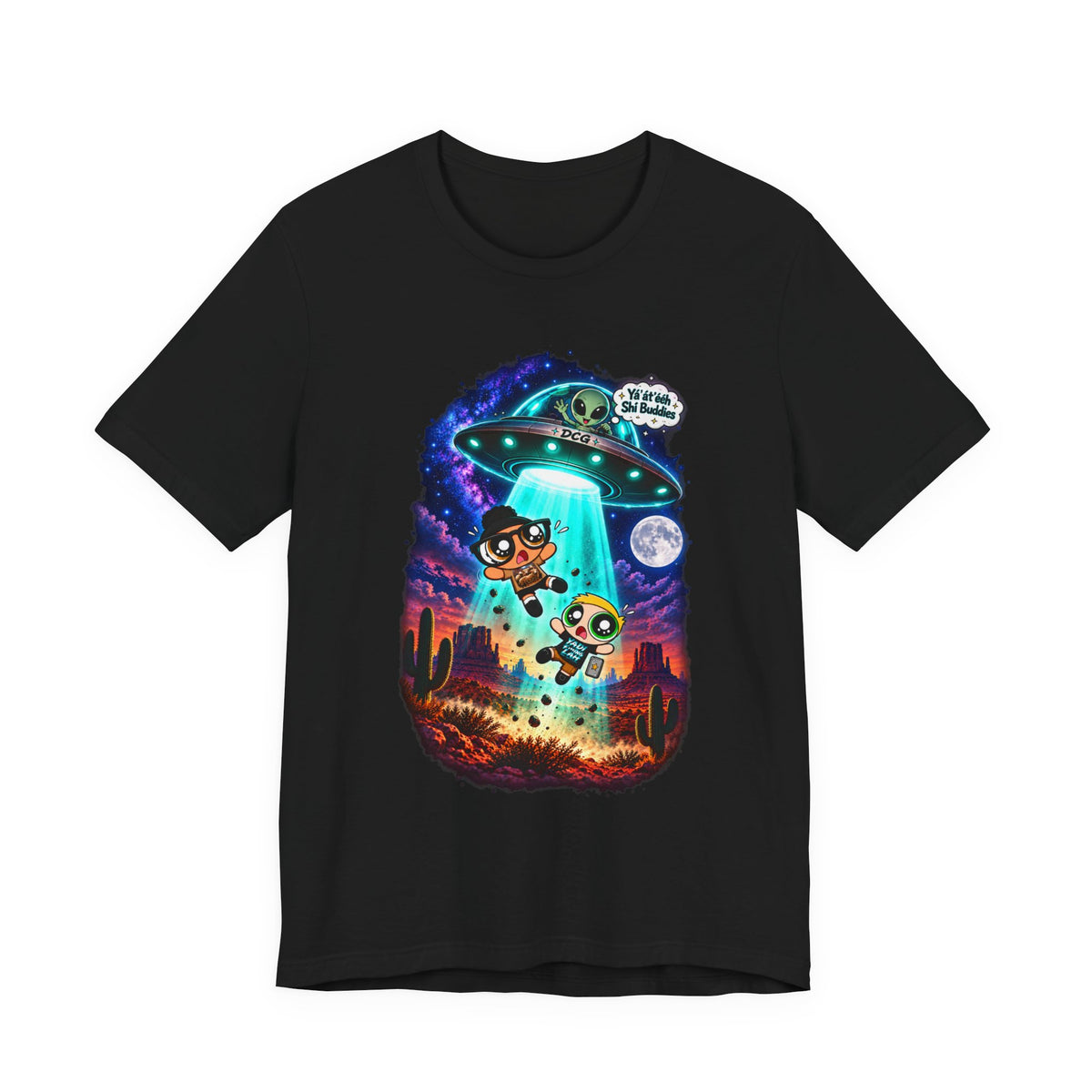 T-Shirt — Cute UFO Abduction Cartoon Kids with 'We Come in Peace' Graphic
