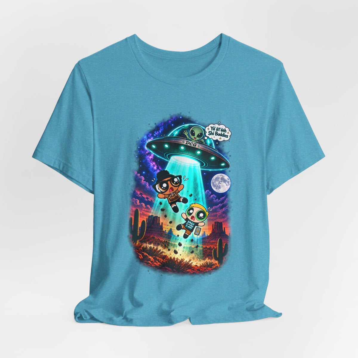 T-Shirt — Cute UFO Abduction Cartoon Kids with 'We Come in Peace' Graphic
