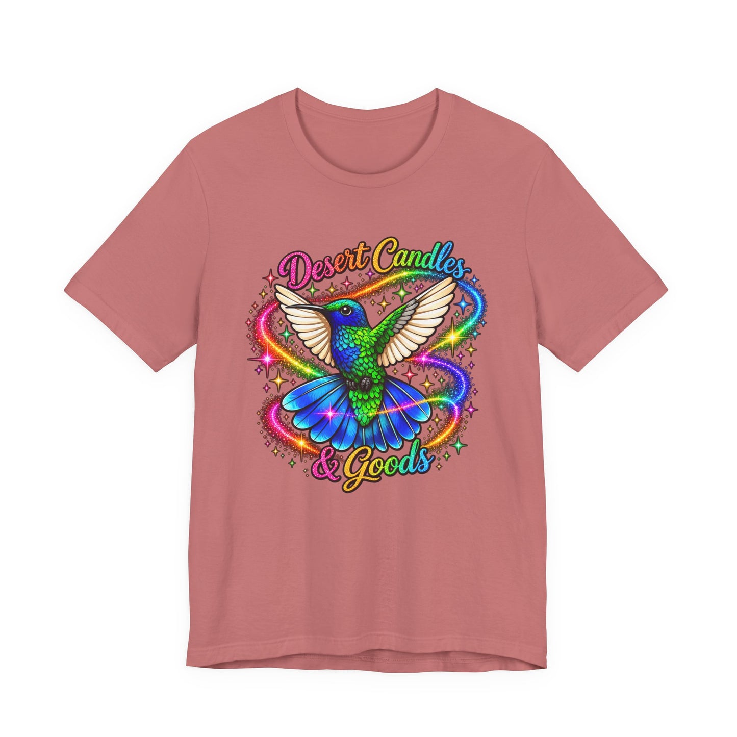 Hummingbird Rainbow Logo Tee — "Desert Candles & Goods" Colorful Graphic T-Shirt