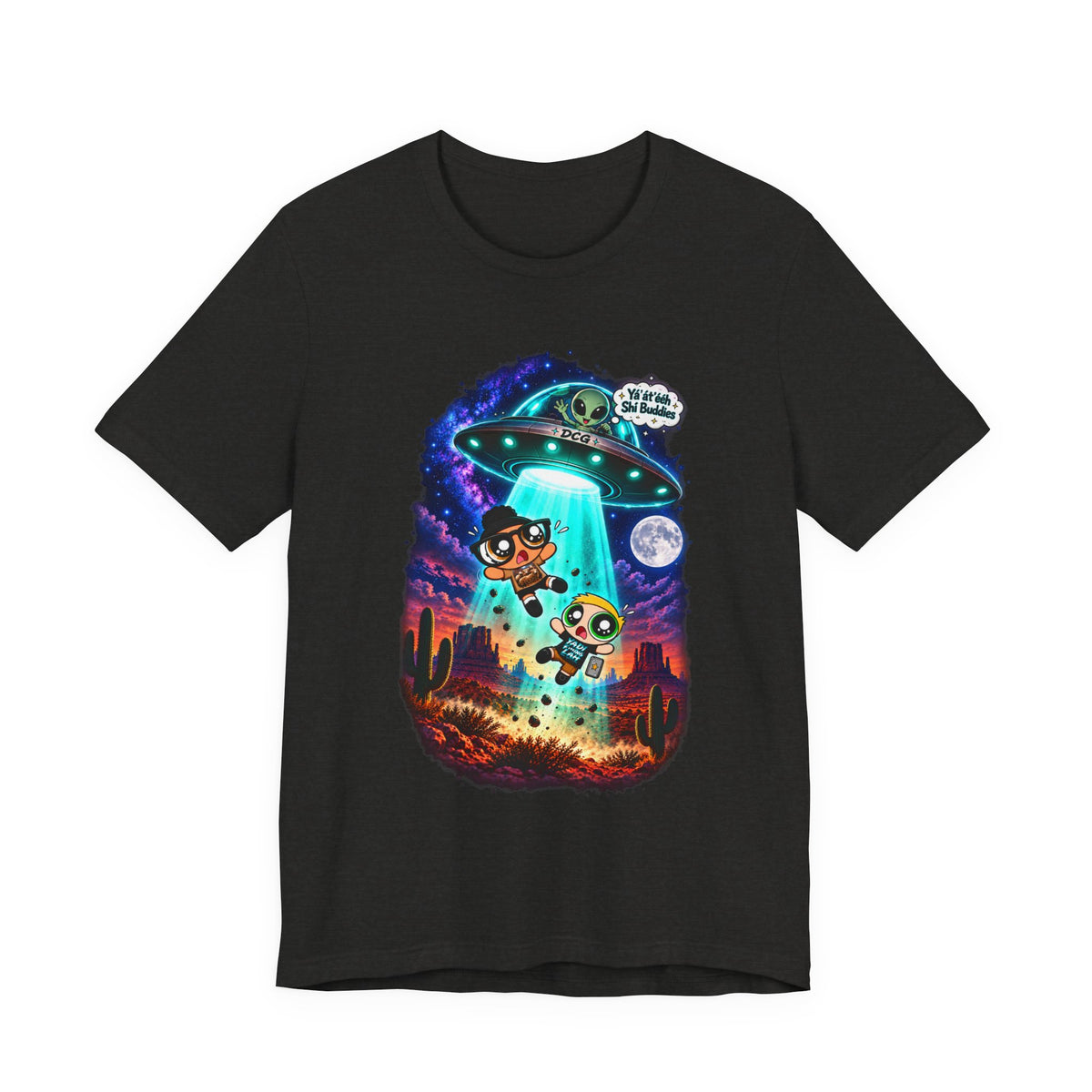 T-Shirt — Cute UFO Abduction Cartoon Kids with 'We Come in Peace' Graphic