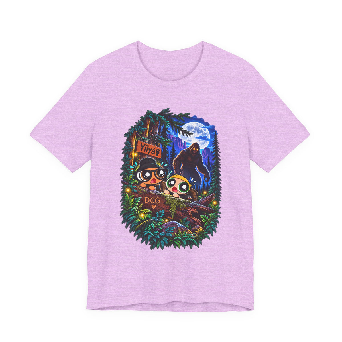 Bigfoot Night Trek T‑Shirt — Cute Campers & Sasquatch Forest Illustration