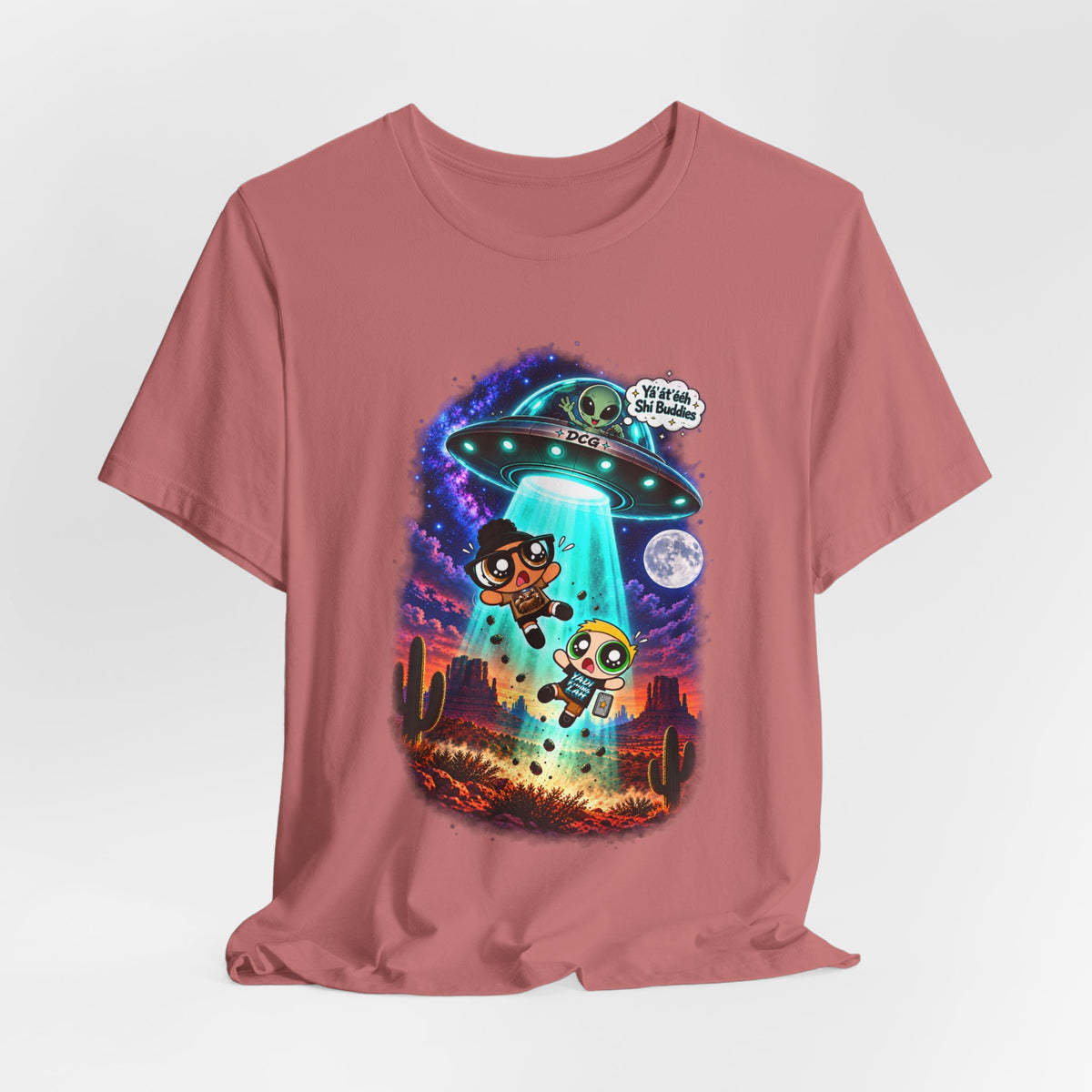 T-Shirt — Cute UFO Abduction Cartoon Kids with 'We Come in Peace' Graphic