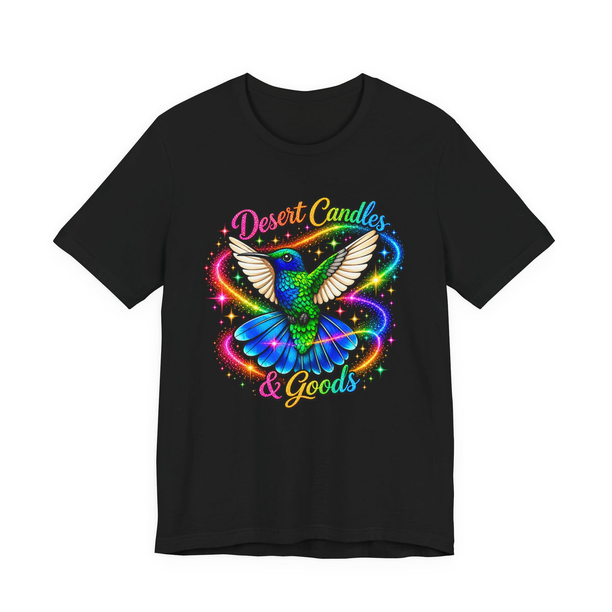 Hummingbird Rainbow Logo Tee — "Desert Candles & Goods" Colorful Graphic T-Shirt