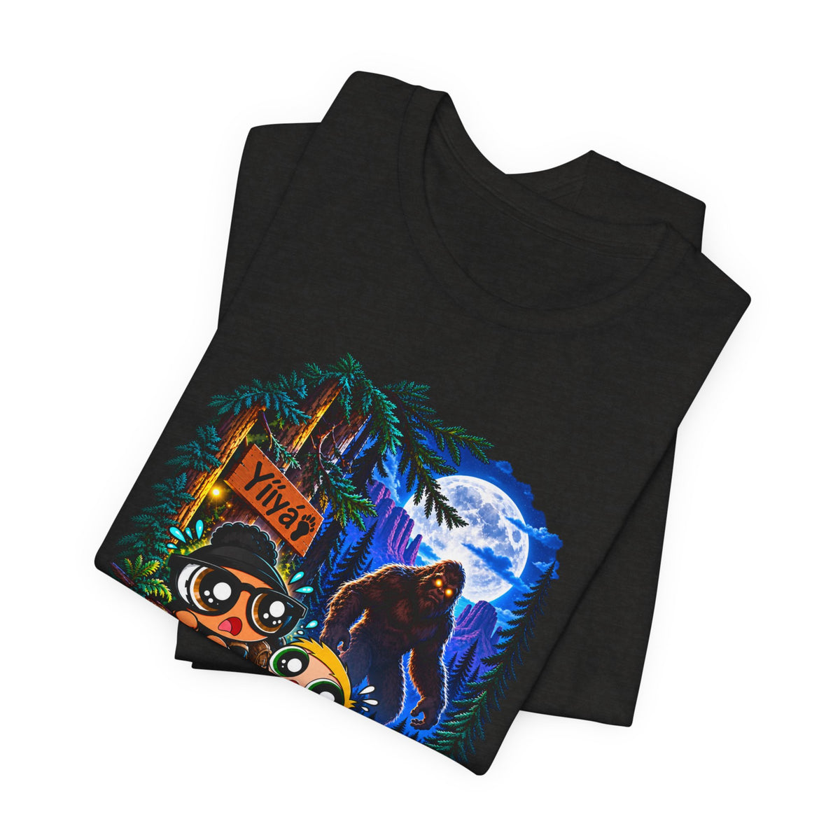 Bigfoot Night Trek T‑Shirt — Cute Campers & Sasquatch Forest Illustration