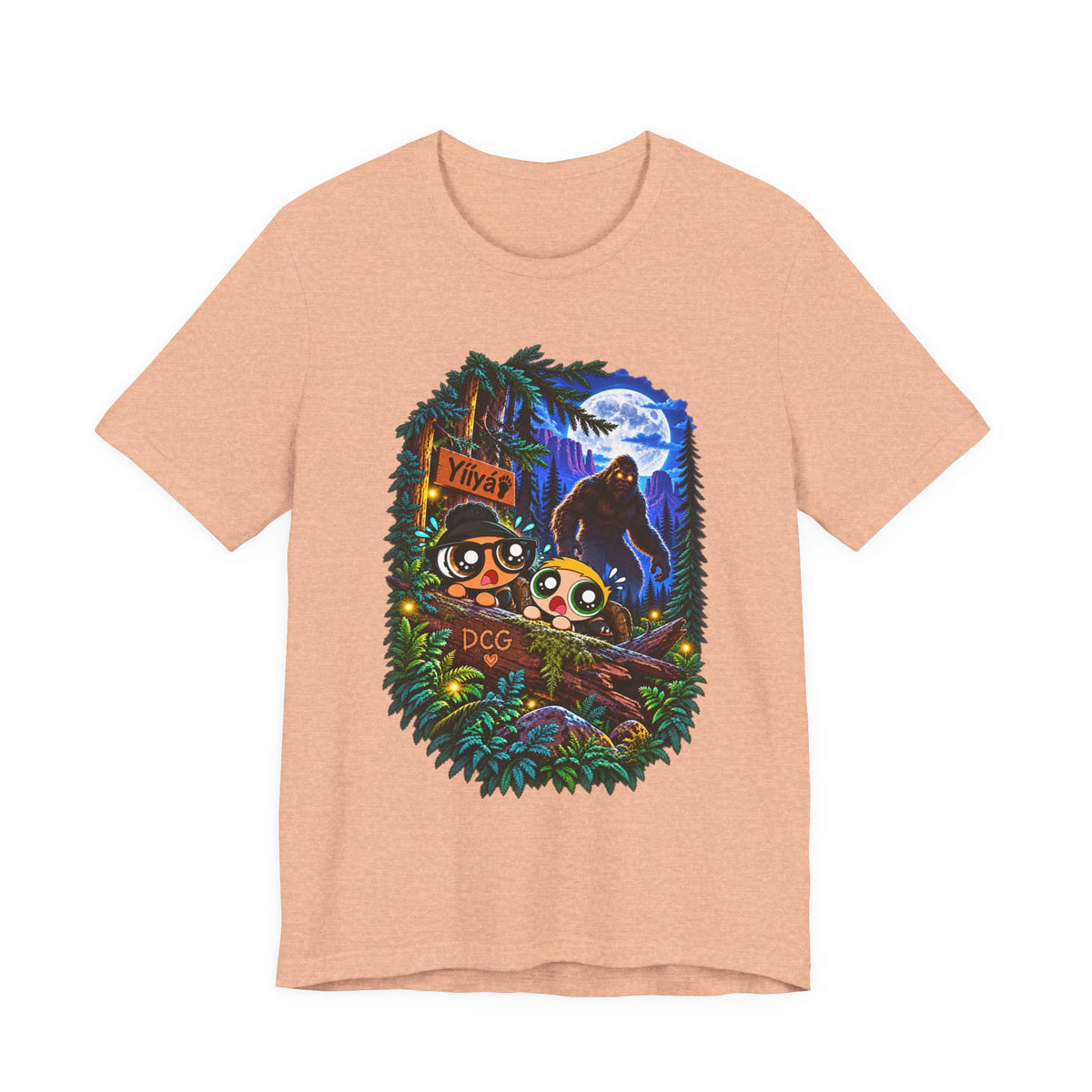 Bigfoot Night Trek T‑Shirt — Cute Campers & Sasquatch Forest Illustration