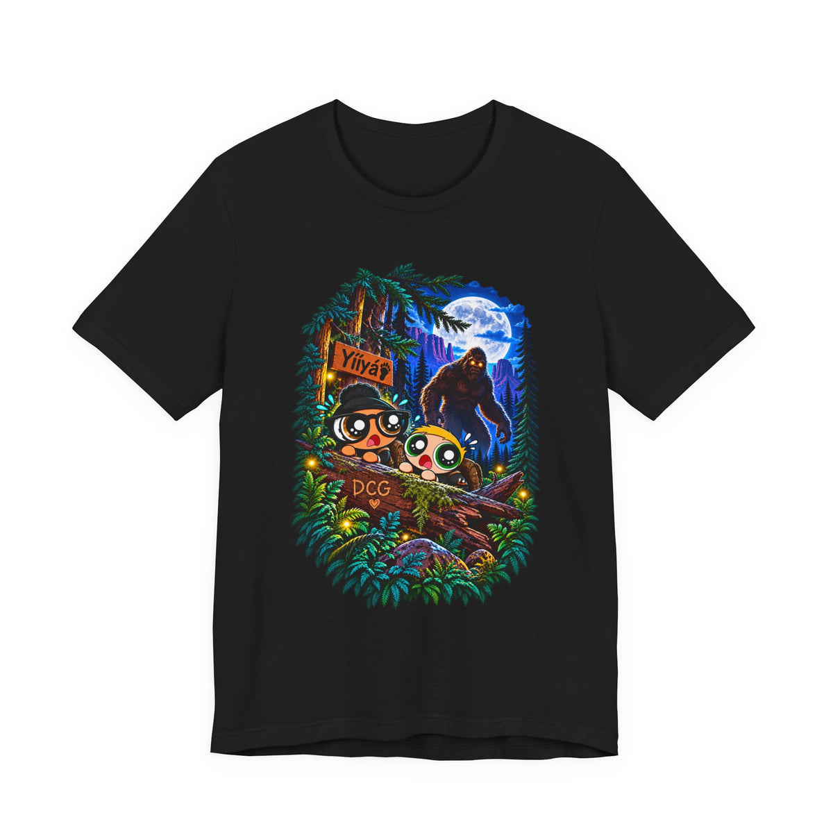 Bigfoot Night Trek T‑Shirt — Cute Campers & Sasquatch Forest Illustration