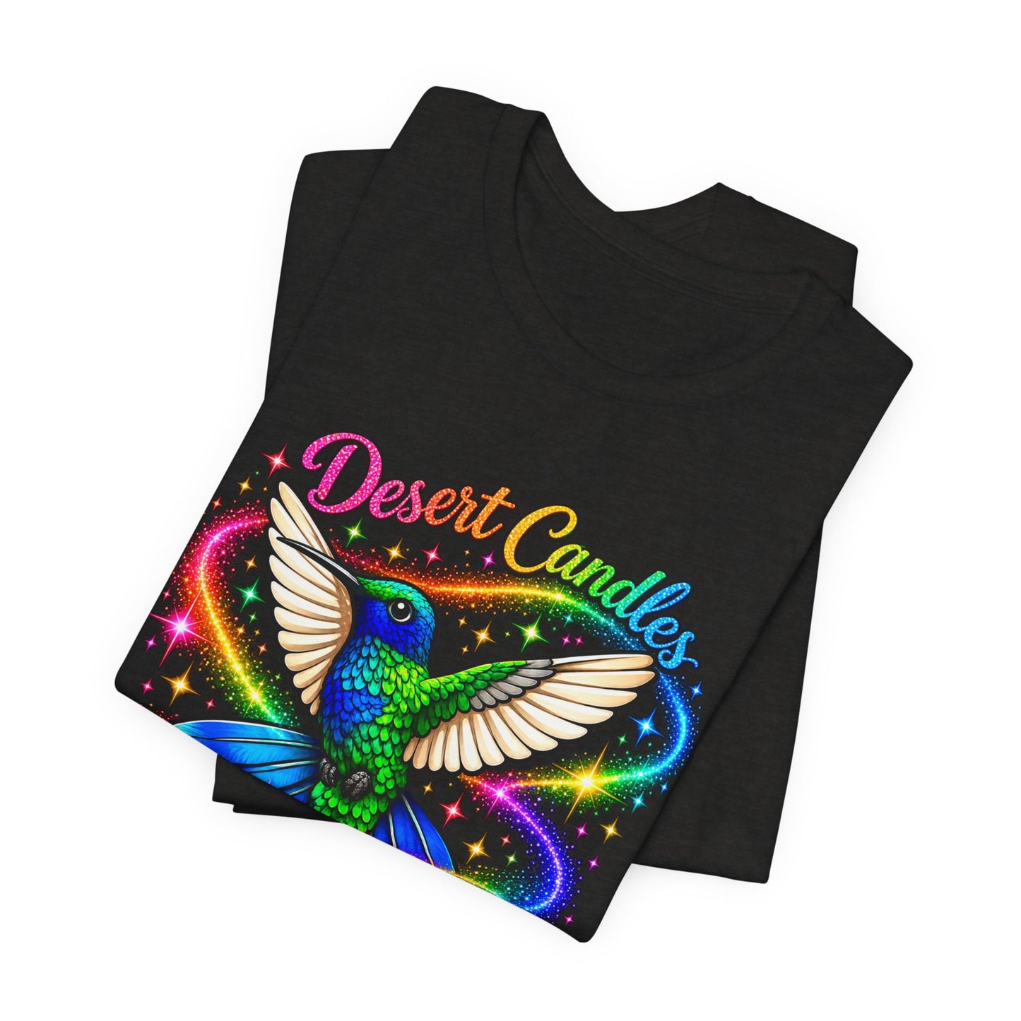 Hummingbird Rainbow Logo Tee — "Desert Candles & Goods" Colorful Graphic T-Shirt