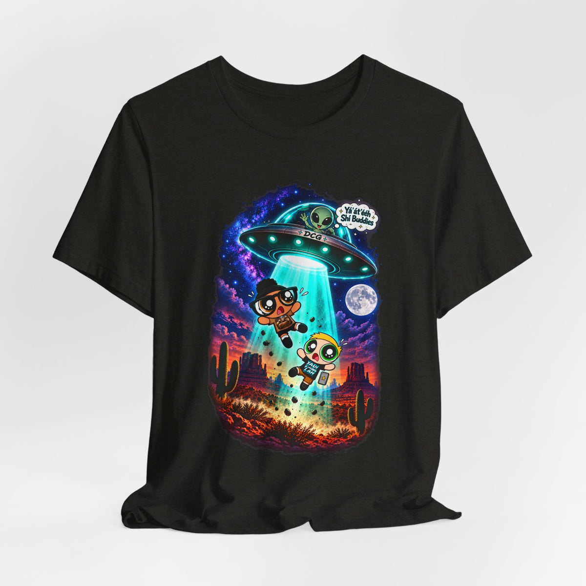 T-Shirt — Cute UFO Abduction Cartoon Kids with 'We Come in Peace' Graphic