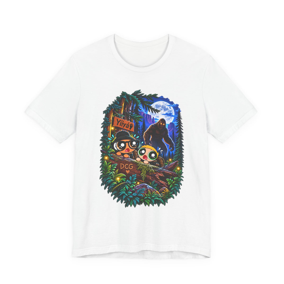 Bigfoot Night Trek T‑Shirt — Cute Campers & Sasquatch Forest Illustration