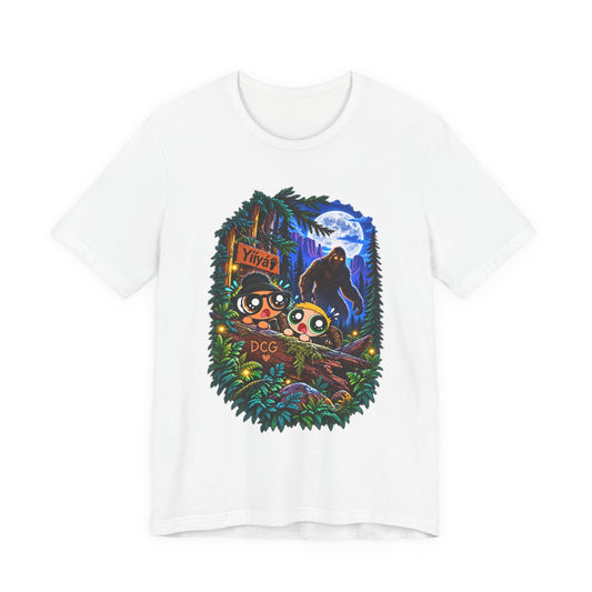 Bigfoot Night Trek T‑Shirt — Cute Campers & Sasquatch Forest Illustration