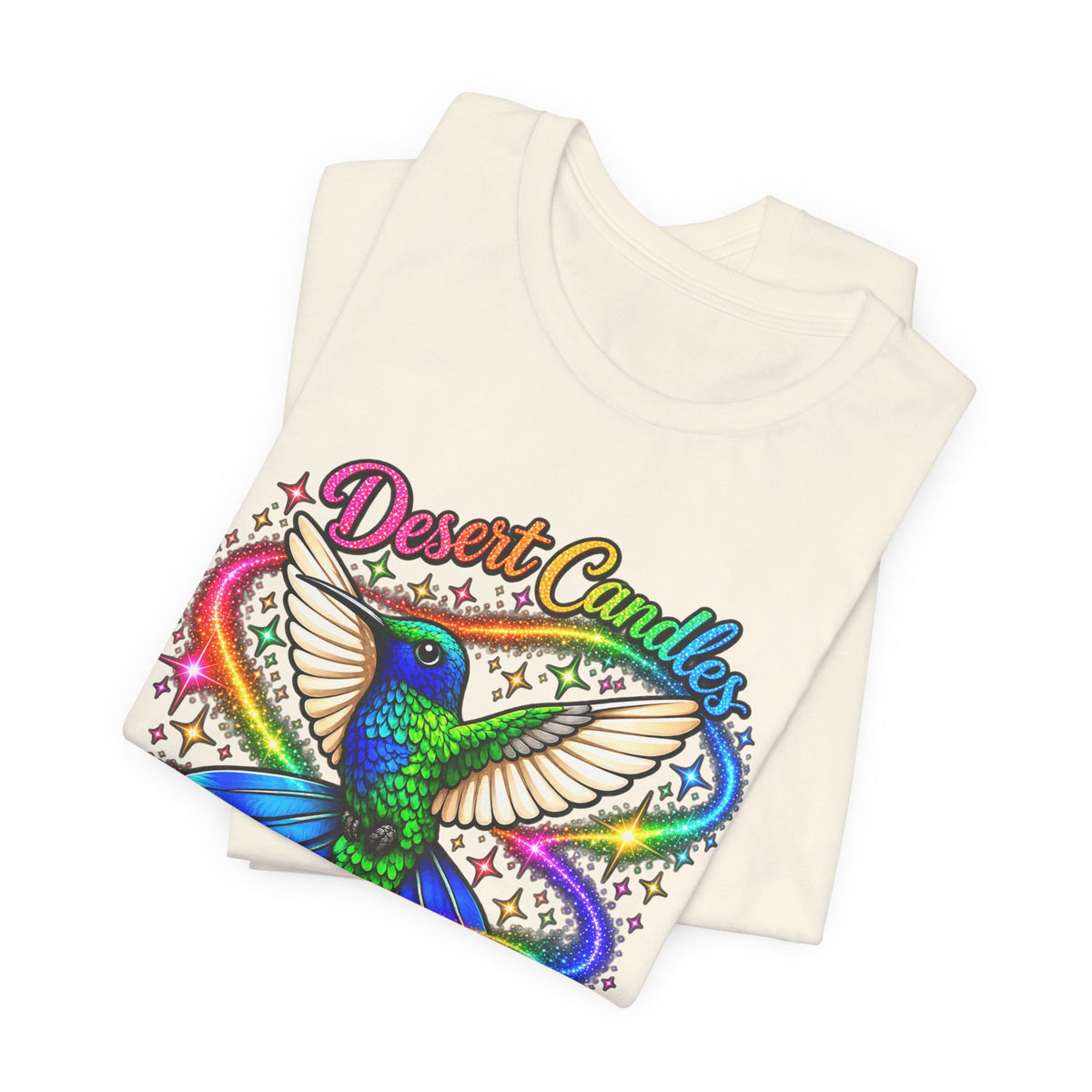 Hummingbird Rainbow Logo Tee — "Desert Candles & Goods" Colorful Graphic T-Shirt