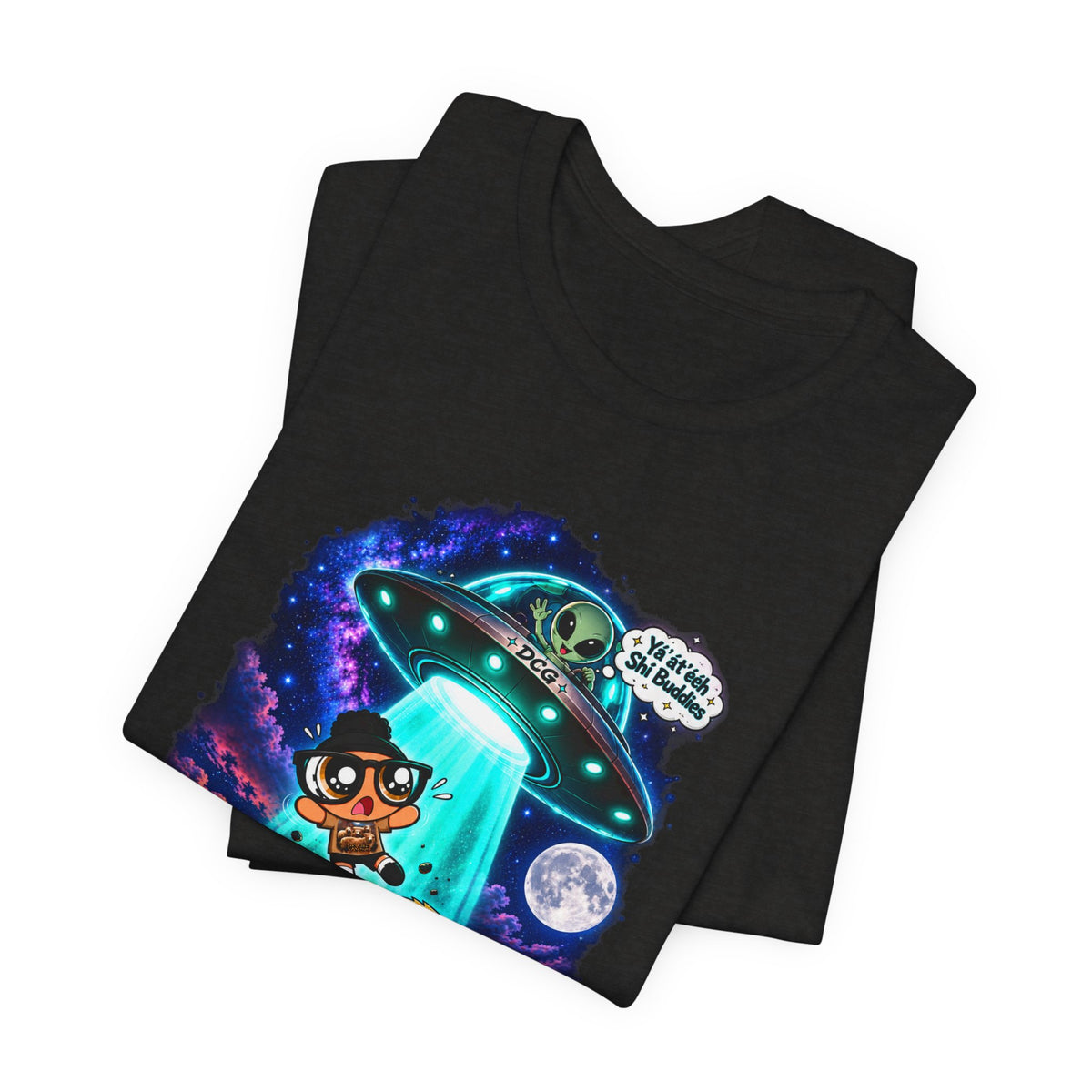 T-Shirt — Cute UFO Abduction Cartoon Kids with 'We Come in Peace' Graphic