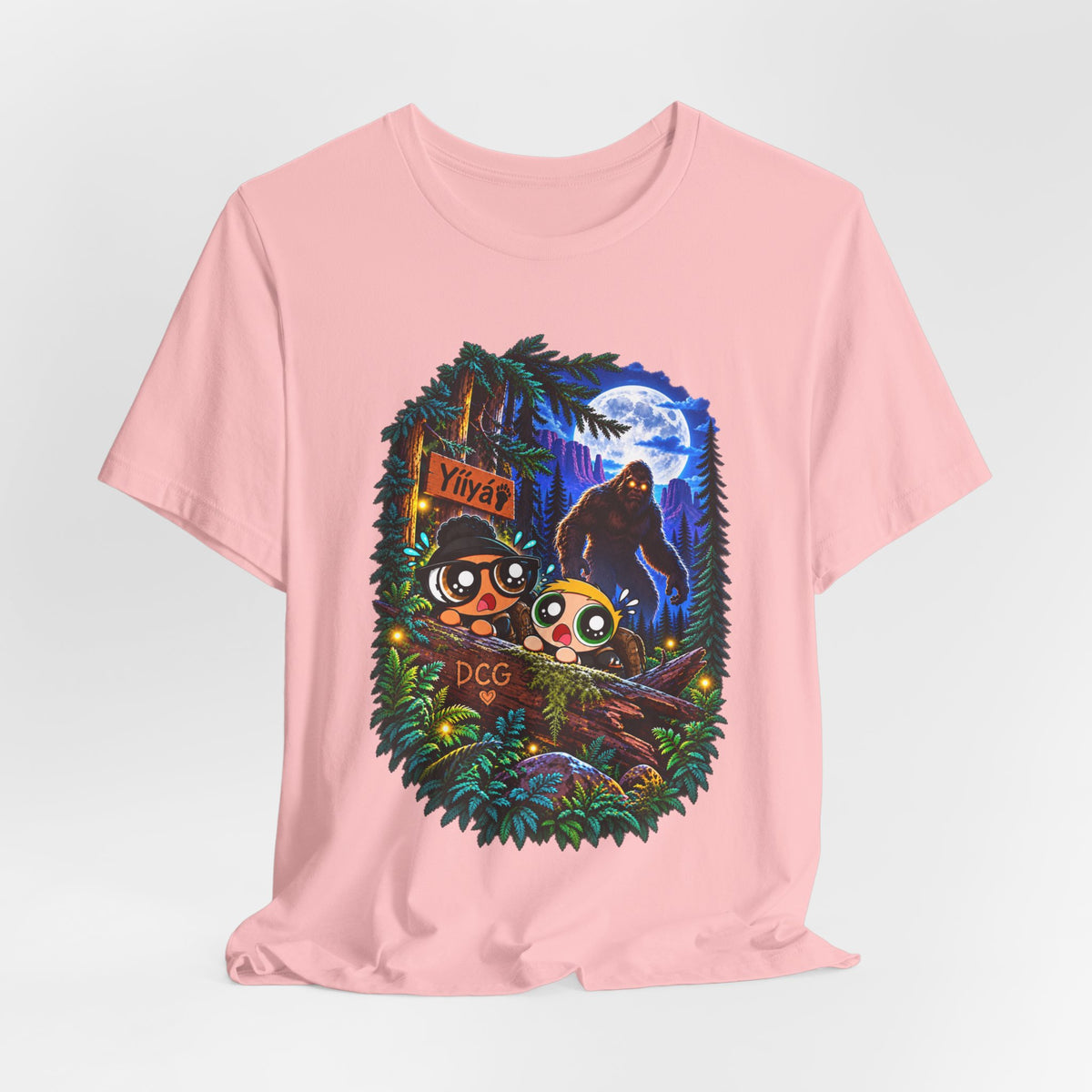 Bigfoot Night Trek T‑Shirt — Cute Campers & Sasquatch Forest Illustration