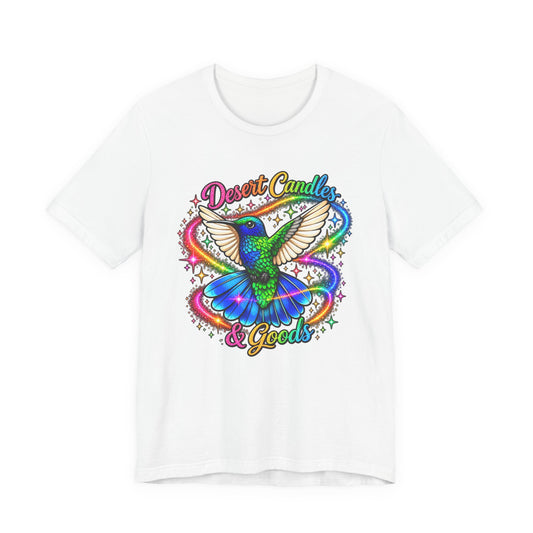 Hummingbird Rainbow Logo Tee — "Desert Candles & Goods" Colorful Graphic T-Shirt