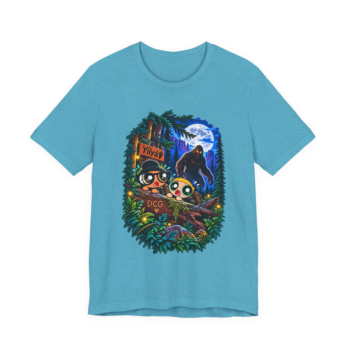 Bigfoot Night Trek T‑Shirt — Cute Campers & Sasquatch Forest Illustration