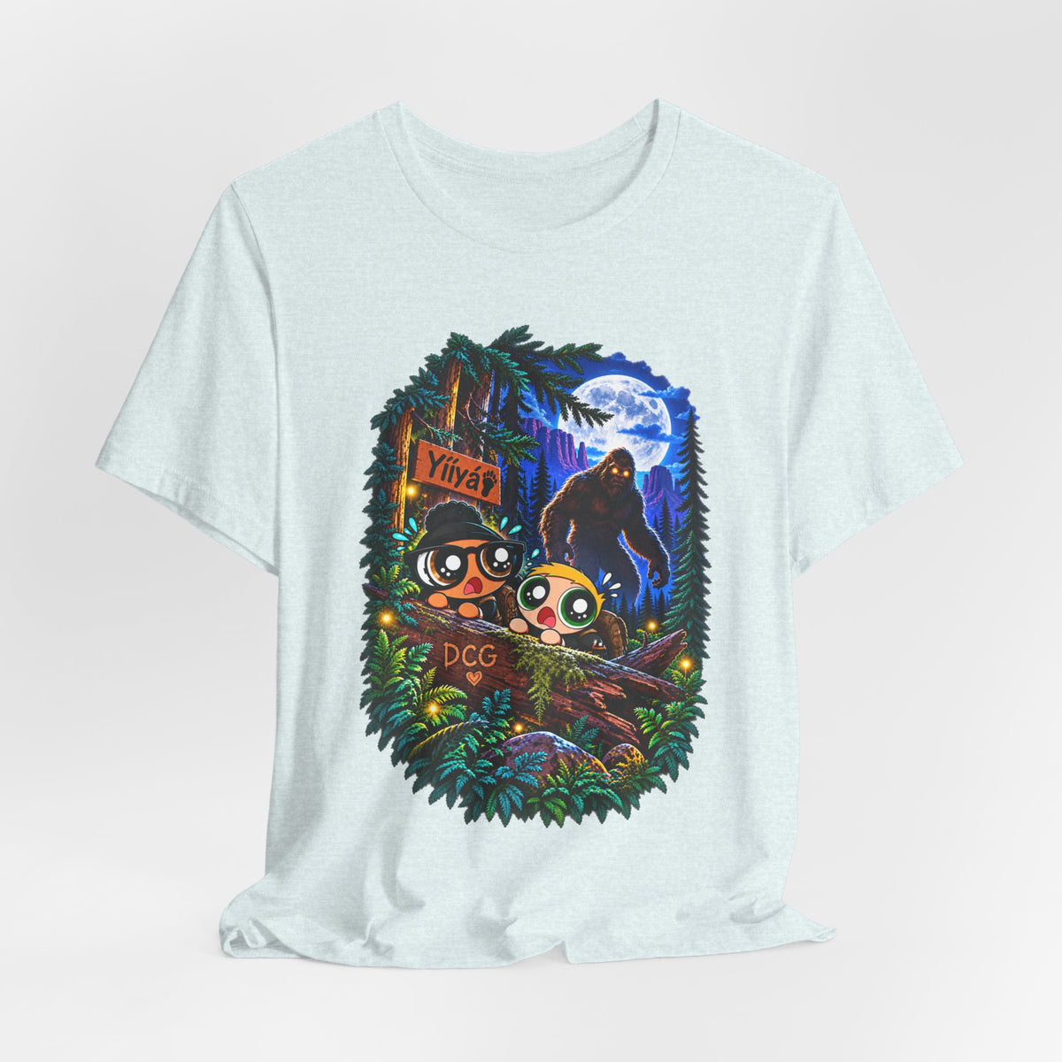 Bigfoot Night Trek T‑Shirt — Cute Campers & Sasquatch Forest Illustration
