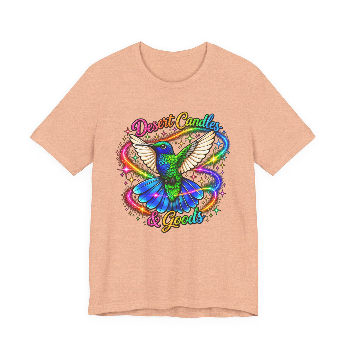 Hummingbird Rainbow Logo Tee — "Desert Candles & Goods" Colorful Graphic T-Shirt