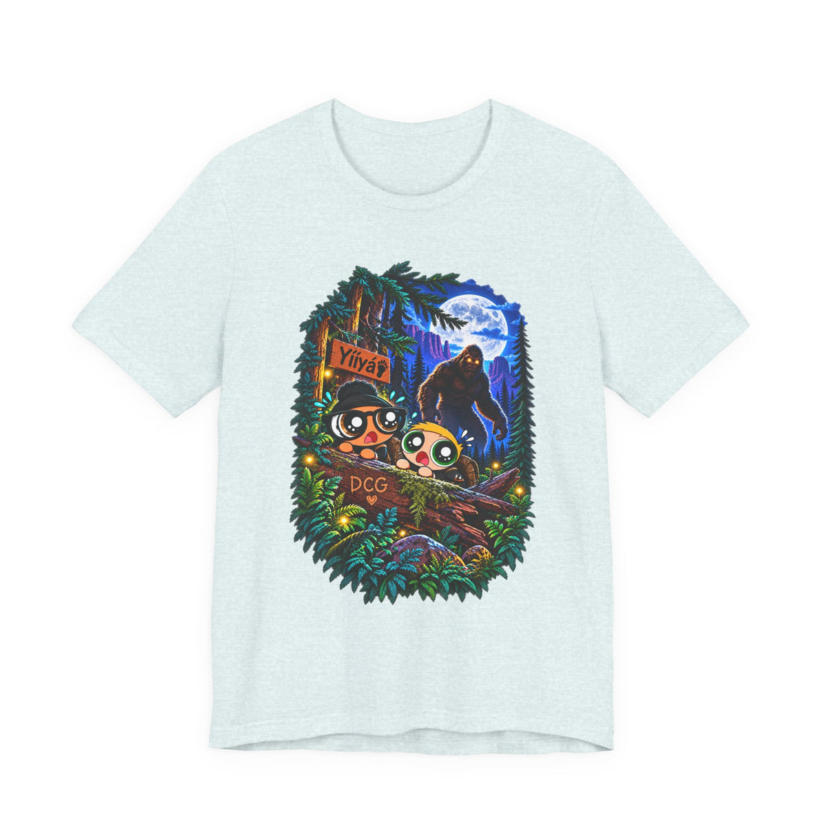 Bigfoot Night Trek T‑Shirt — Cute Campers & Sasquatch Forest Illustration