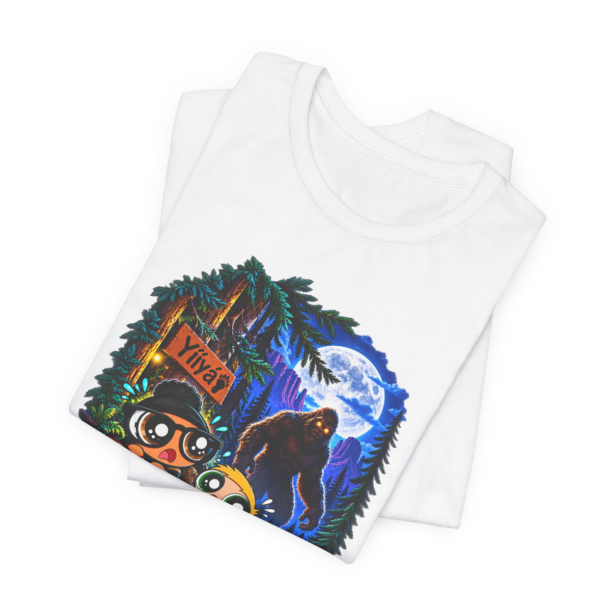 Bigfoot Night Trek T‑Shirt — Cute Campers & Sasquatch Forest Illustration