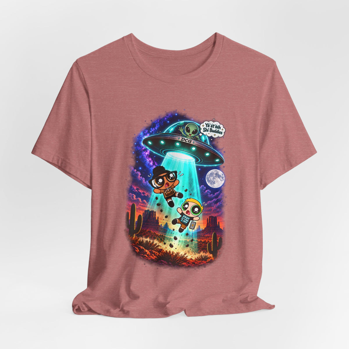 T-Shirt — Cute UFO Abduction Cartoon Kids with 'We Come in Peace' Graphic