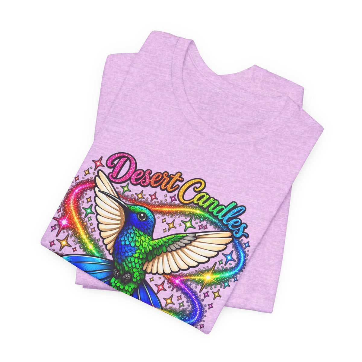 Hummingbird Rainbow Logo Tee — "Desert Candles & Goods" Colorful Graphic T-Shirt