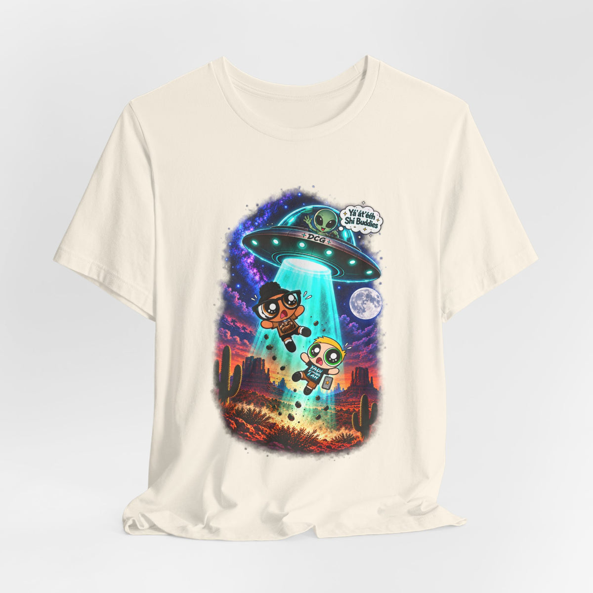 T-Shirt — Cute UFO Abduction Cartoon Kids with 'We Come in Peace' Graphic