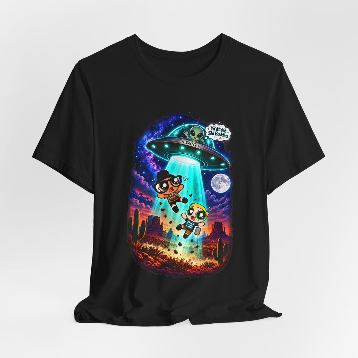T-Shirt — Cute UFO Abduction Cartoon Kids with 'We Come in Peace' Graphic