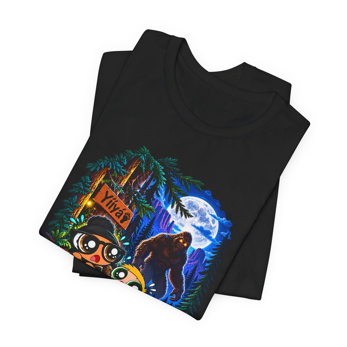 Bigfoot Night Trek T‑Shirt — Cute Campers & Sasquatch Forest Illustration