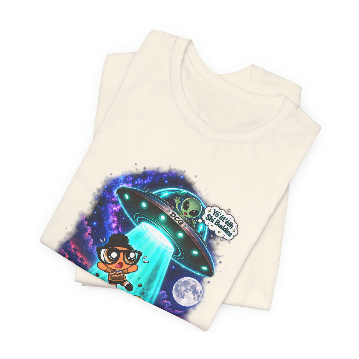 T-Shirt — Cute UFO Abduction Cartoon Kids with 'We Come in Peace' Graphic