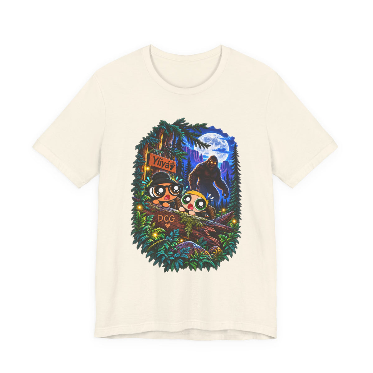Bigfoot Night Trek T‑Shirt — Cute Campers & Sasquatch Forest Illustration