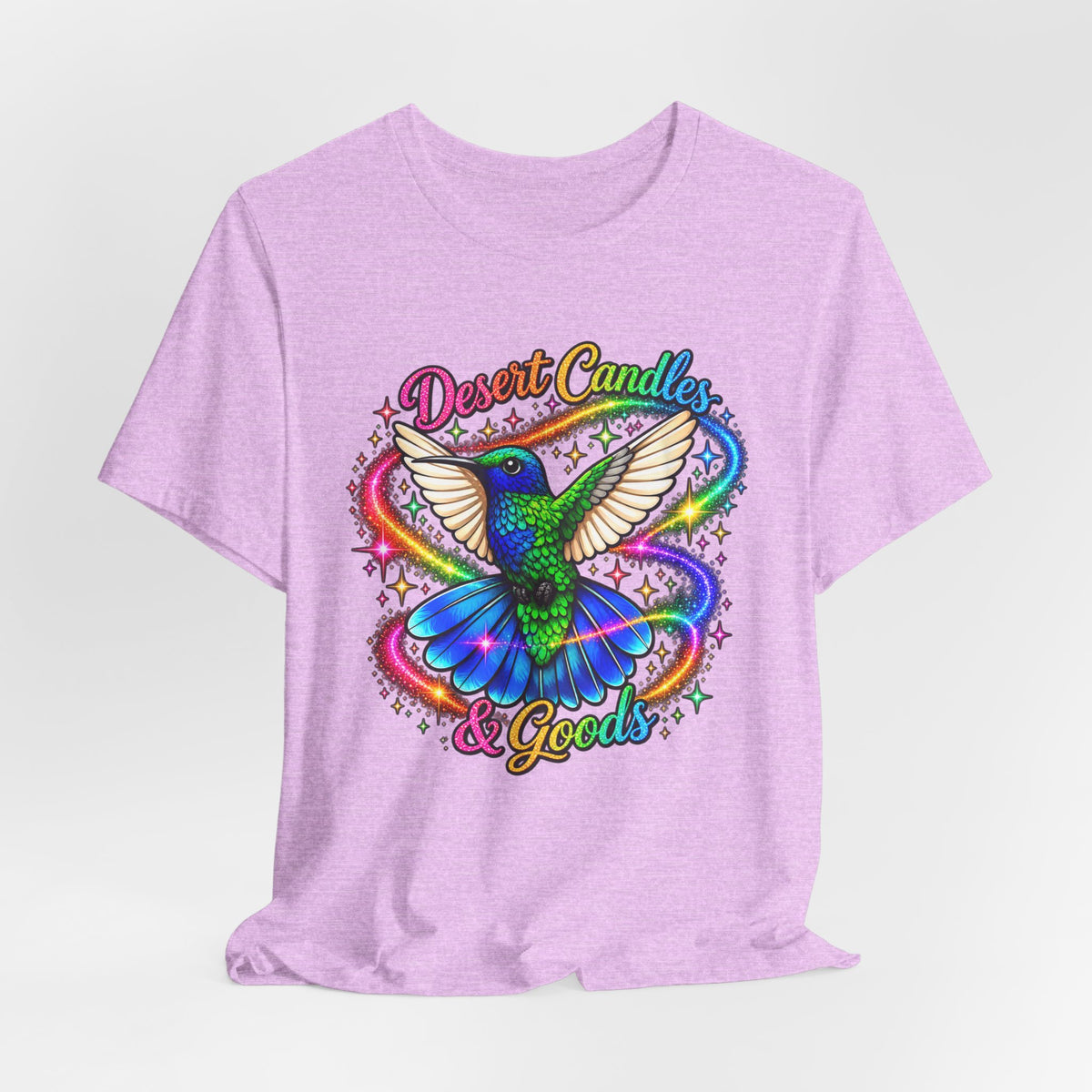 Hummingbird Rainbow Logo Tee — "Desert Candles & Goods" Colorful Graphic T-Shirt
