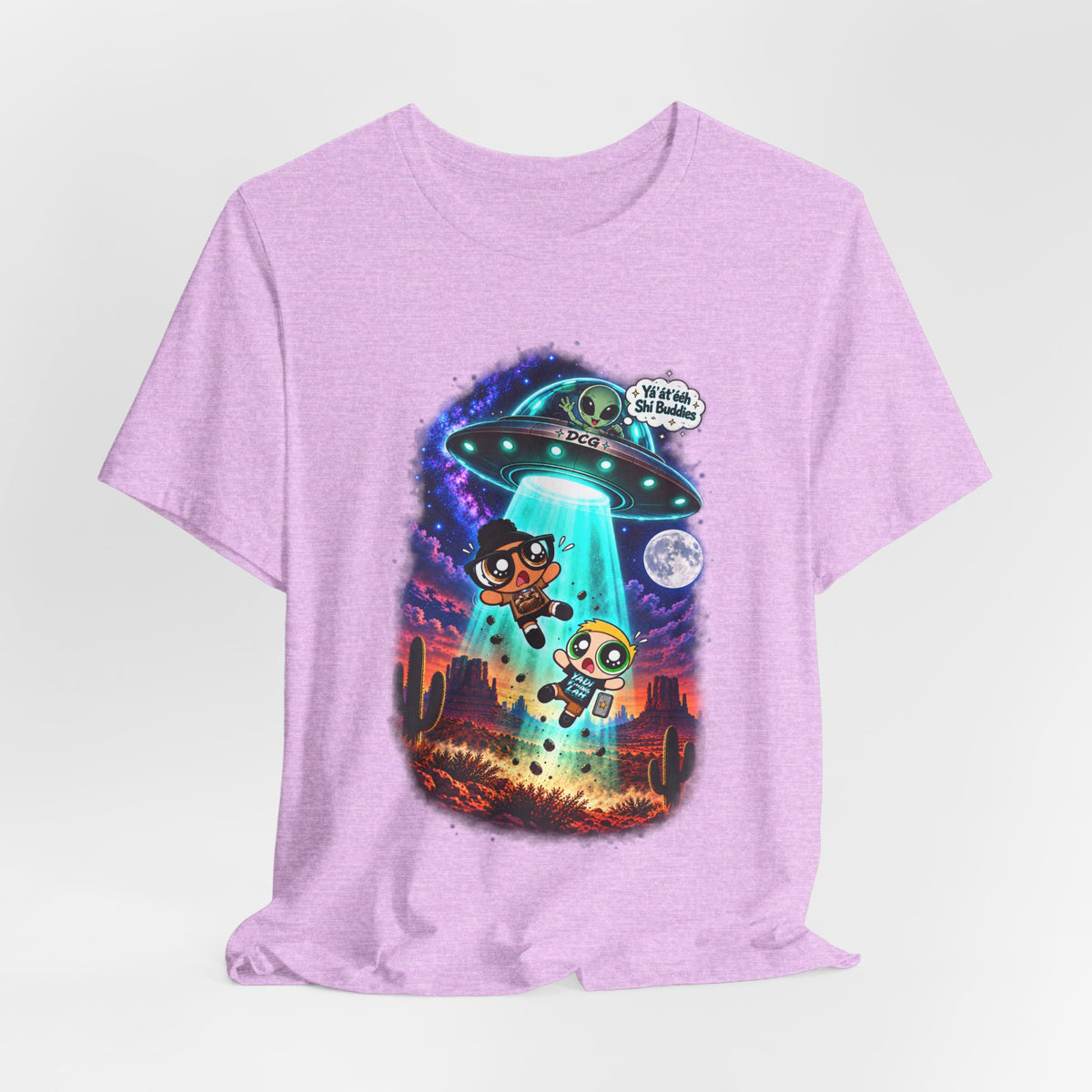 T-Shirt — Cute UFO Abduction Cartoon Kids with 'We Come in Peace' Graphic