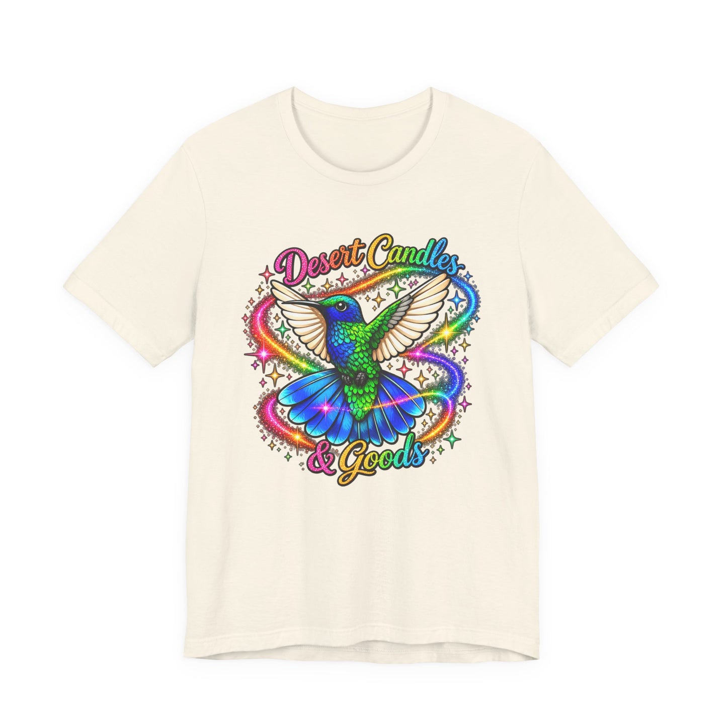 Hummingbird Rainbow Logo Tee — "Desert Candles & Goods" Colorful Graphic T-Shirt