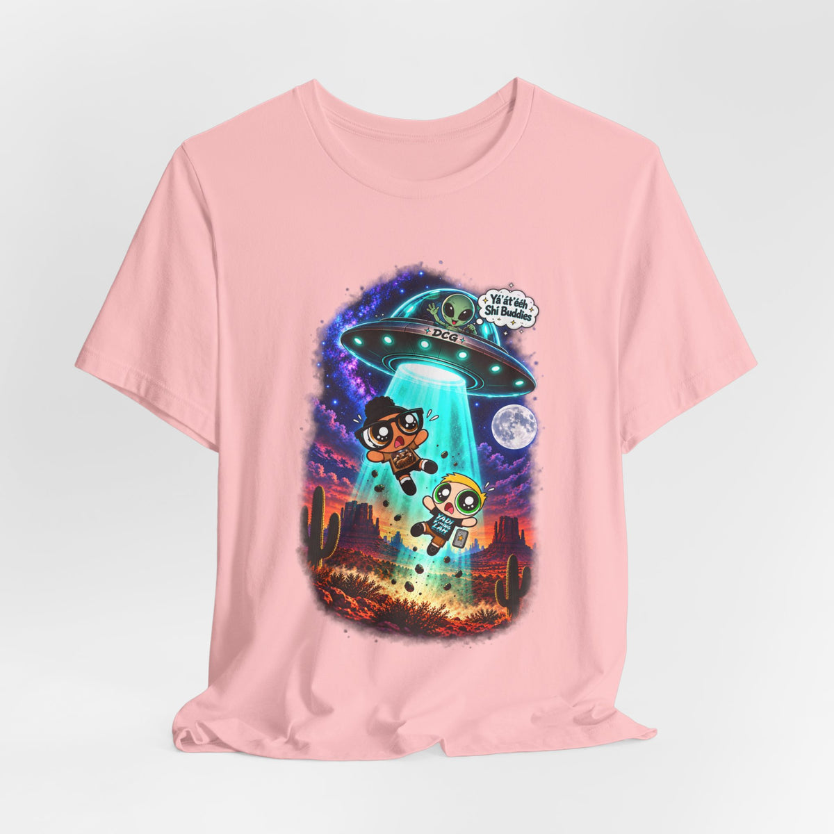 T-Shirt — Cute UFO Abduction Cartoon Kids with 'We Come in Peace' Graphic