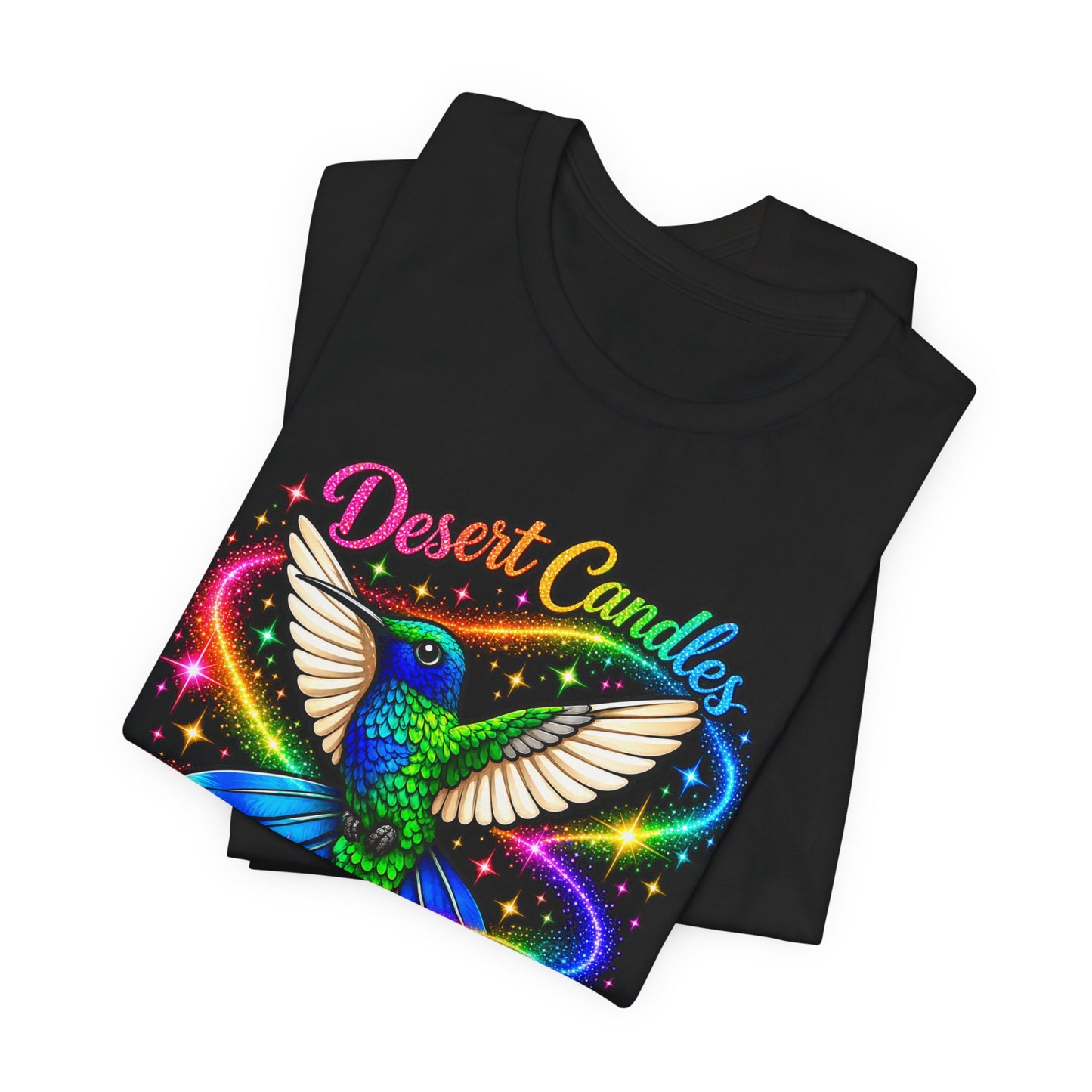 Hummingbird Rainbow Logo Tee — "Desert Candles & Goods" Colorful Graphic T-Shirt