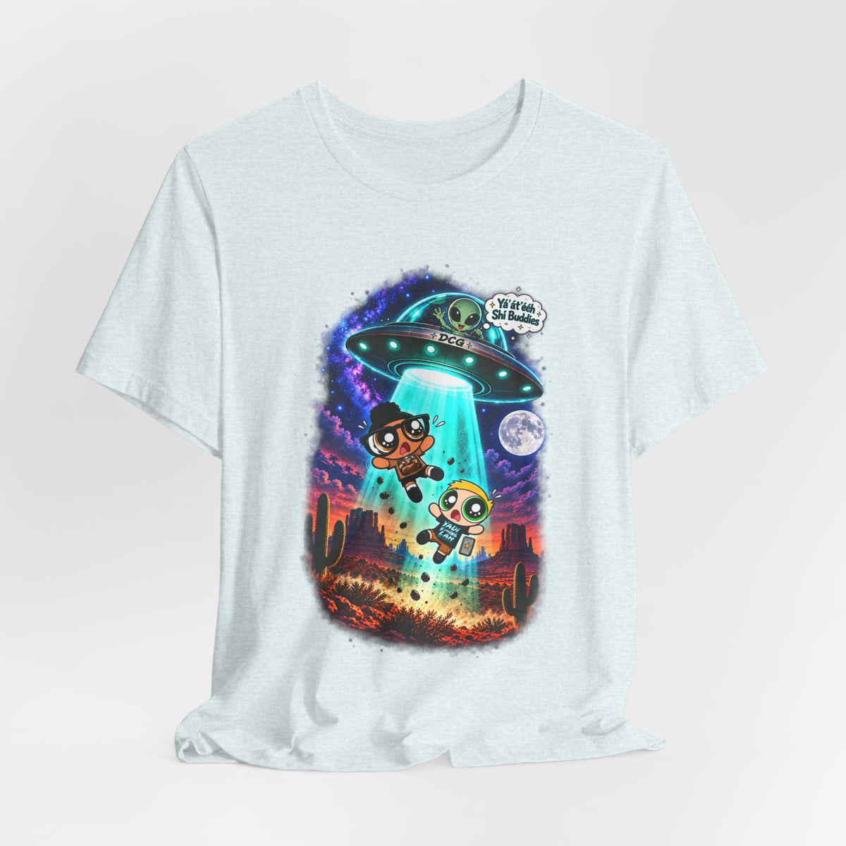 T-Shirt — Cute UFO Abduction Cartoon Kids with 'We Come in Peace' Graphic
