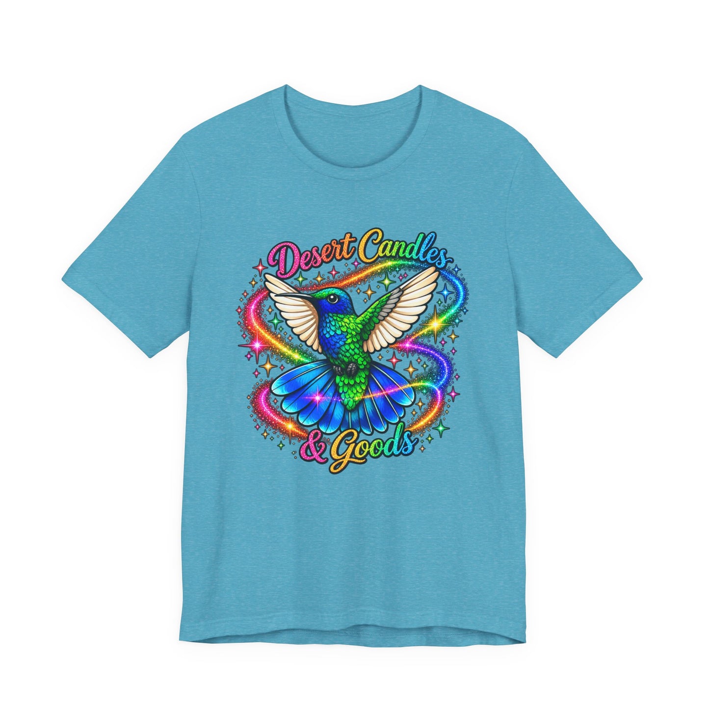 Hummingbird Rainbow Logo Tee — "Desert Candles & Goods" Colorful Graphic T-Shirt
