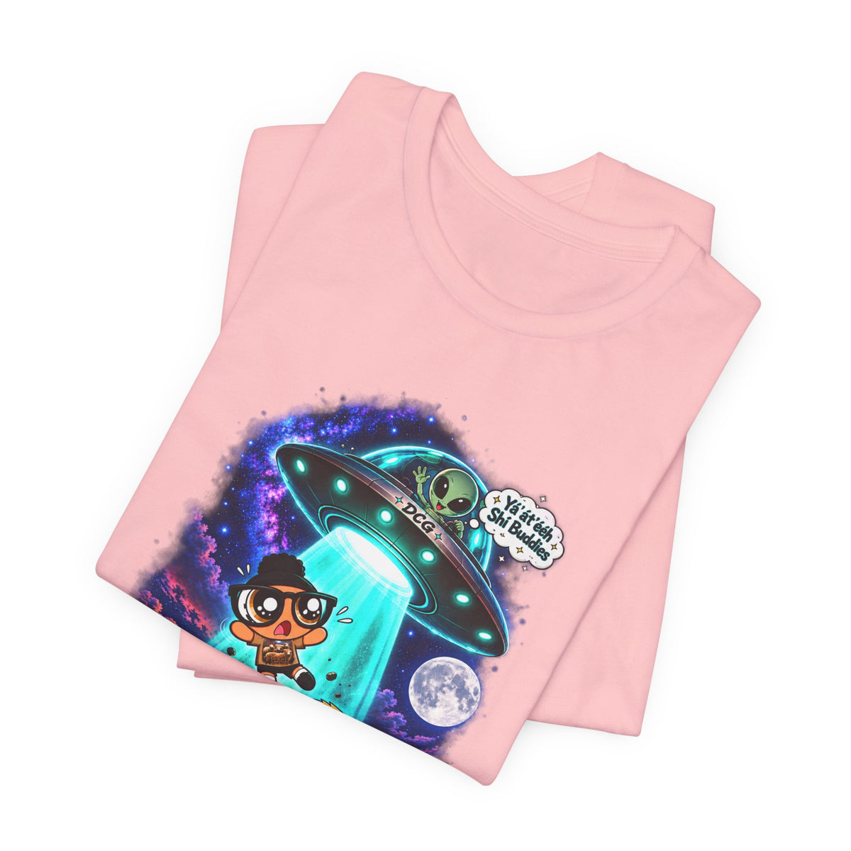 T-Shirt — Cute UFO Abduction Cartoon Kids with 'We Come in Peace' Graphic
