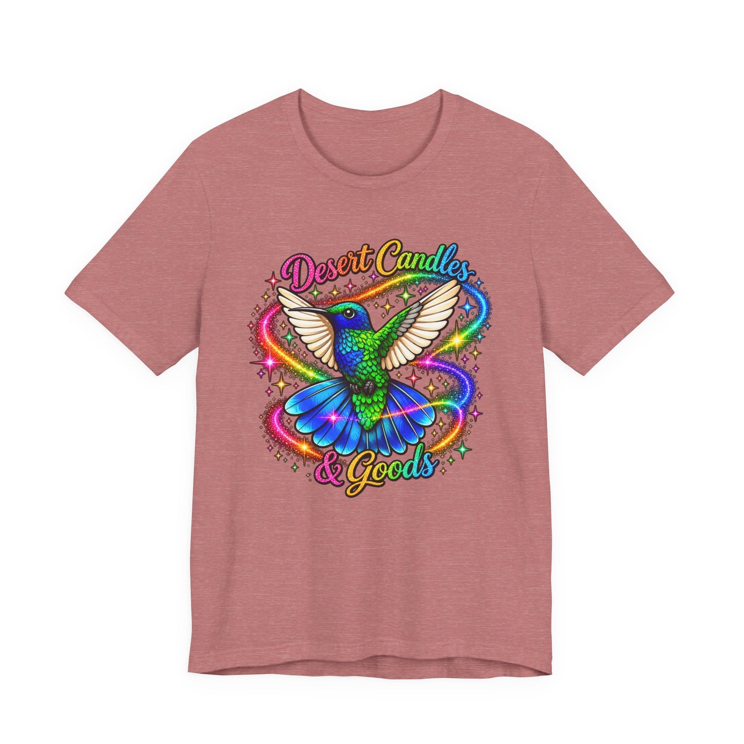 Hummingbird Rainbow Logo Tee — "Desert Candles & Goods" Colorful Graphic T-Shirt