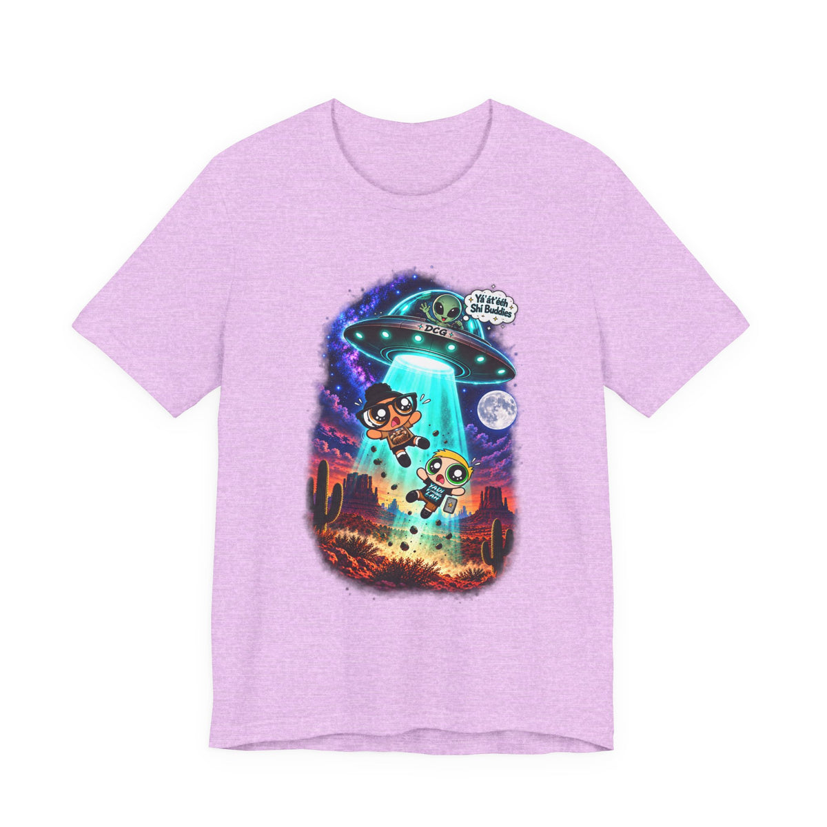 T-Shirt — Cute UFO Abduction Cartoon Kids with 'We Come in Peace' Graphic