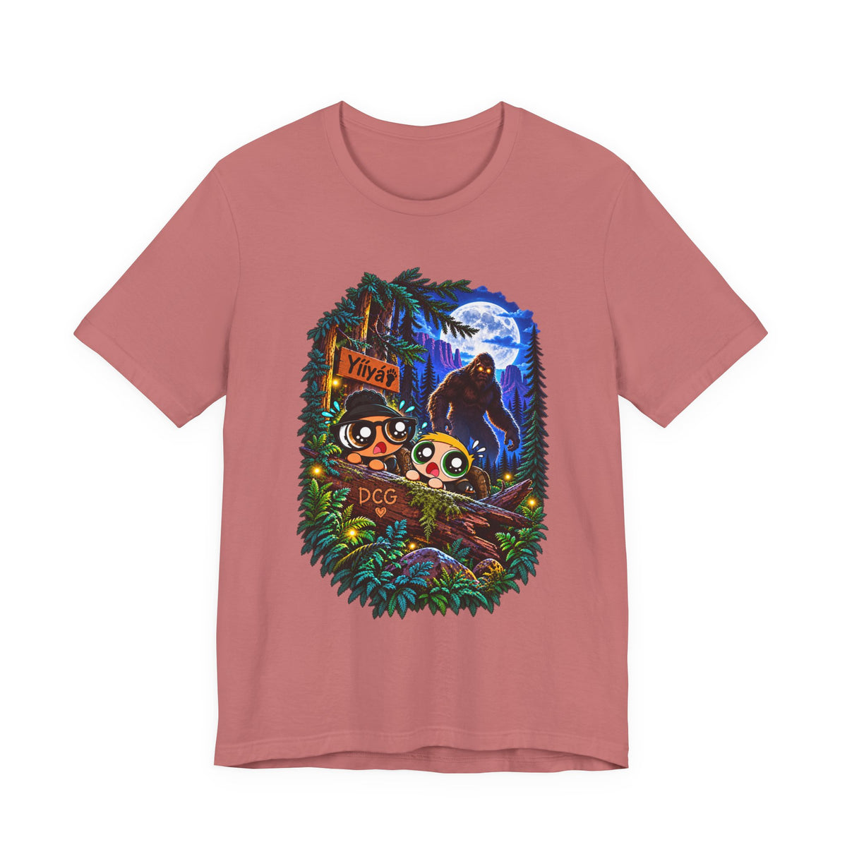 Bigfoot Night Trek T‑Shirt — Cute Campers & Sasquatch Forest Illustration