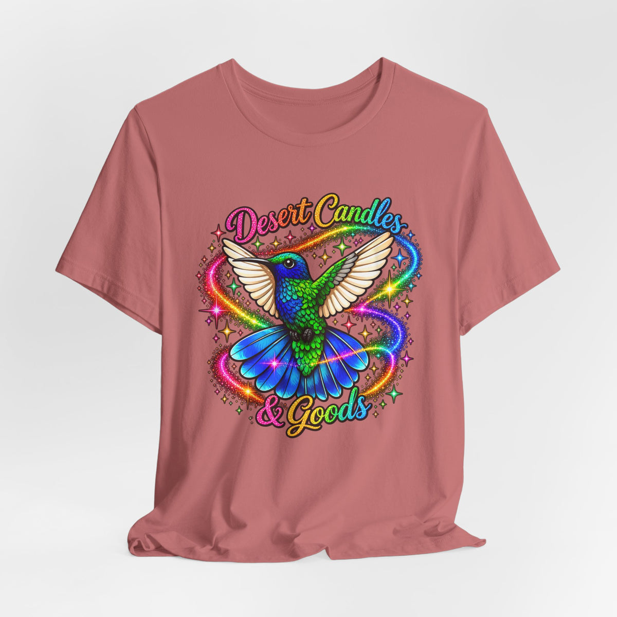 Hummingbird Rainbow Logo Tee — "Desert Candles & Goods" Colorful Graphic T-Shirt