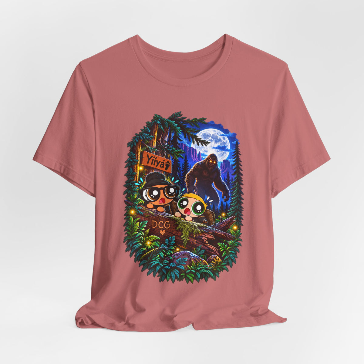 Bigfoot Night Trek T‑Shirt — Cute Campers & Sasquatch Forest Illustration