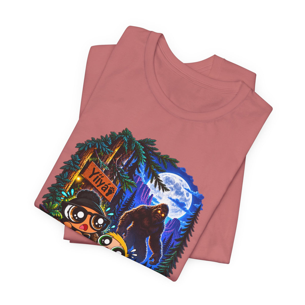 Bigfoot Night Trek T‑Shirt — Cute Campers & Sasquatch Forest Illustration