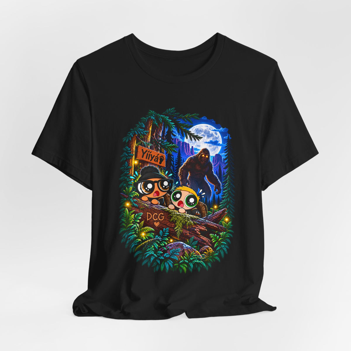 Bigfoot Night Trek T‑Shirt — Cute Campers & Sasquatch Forest Illustration